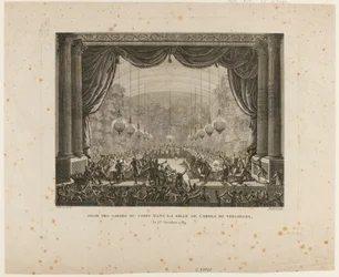 Fest der Leibwächter, Flandern-Regimenter, Montmorency-Dragoner und Nationalgarden von Versailles. Sie treten auf die Nationalkokarde und zeigen die schwarze Kokarde, ein Zeichen der "Aristokratischen Konföderation"
