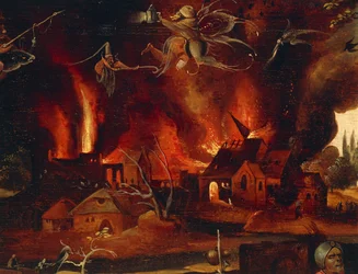 Die Versuchung des Hl. Antonius (Detail), zeigt die Stadt in Flammen und Dämonen