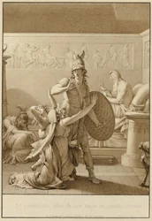 Creusa fleht Aeneas an, als er in den Krieg zieht