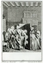 Der Baron... begrüßte Candide mit einigen bemerkenswerten Tritten auf den Hintern und warf ihn hinaus, Illustration aus Kapitel 1 von Candide von François Voltaire (1694-1778), graviert von Louis Michel Halbou