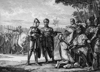 Schlacht von Tertry, 687: Sieger der Armee von Neustrien, Pippin der Jüngere oder Herstal (circa 653-714), Prinz von Austrasien, erkennt die Autorität des Königs von Neustrien, Thierry III. (657-691), an. Gravur von Jean Michel Moreau, genannt Moreau le Je