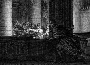 Verschwörung gegen Karl den Großen, 792: Ein Herr überrascht ein Gespräch zwischen Verschwörern, die den Mord am König der Franken planen. Unter ihnen ist Pippin der Bucklige (769-811), Sohn Karls des Großen. Stich von Jean Michel Moreau, genannt Moreau