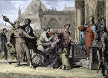 Dagobert I., König der Franken, versucht die königliche Autorität in Burgund durchzusetzen, indem er die Beschwerden der Einwohner gegen ihre Herren anhört. Gravur von Jean Michel Moreau, genannt Moreau le Jeune