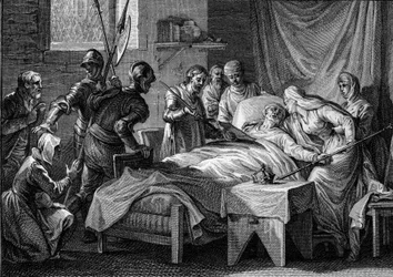 Tod und Nachfolge von Karl II. dem Kahlen, 877: Der König übergab der Kaiserin die Kaiserkrone, sein goldenes Zepter, das Schwert des Heiligen Petrus und ein Testament, in dem er seinen Sohn Ludwig den Stammler als Erben bestimmte. Gravur von J