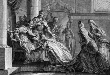 Emma von Frankreich (894-934), Schwester von Hugo dem Großen, verneigt sich zu ihren Füßen. Verheiratet mit Raoul von Burgund, entschied sie sich auf Wunsch ihres Bruders, die Krone Frankreichs ihrem Ehemann zu geben