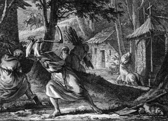 Eremiten, die in einer Gemeinschaft in einem französischen Wald leben, Ende des 11. bis Anfang des 12. Jahrhunderts. Gravur von Jean Michel Moreau, genannt Moreau le Jeune (1741-1814)