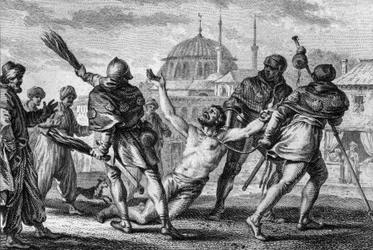 Nerra coots, Graf von Anjou, Pilgerfahrt nach Jerusalem. Er wird nackt, mit einem Seil um den Hals, durch die Straßen der Stadt geschleift, während einer seiner Knappen ihn mit Ruten peitscht und um Gnade von Gott bittet. 11. Jahrhundert. Gravur von Jean M