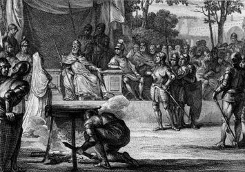 Ordalien oder „die Urteile Gottes“, 831: Wegen Verrats an Ludwig I. dem Frommen (778-840) angeklagt, versuchen Judith Welf (805-843), seine Frau, und Bernard von Septimania (circa 800-844), Kämmerer des Königreichs, ihre Unschuld vor einem Gericht zu bewei