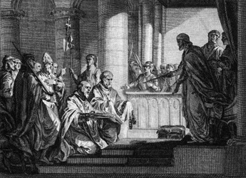 Papst Gregor III. (gestorben 741) bat den König der Franken, Karl Martell (688-741), um Hilfe, um die lombardischen Truppen Italiens abzuwehren, 741. (Gravur von Jean Michel Moreau, genannt Moreau le Jeune)