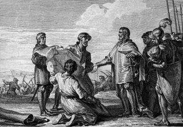 Projekt eines Kanals zwischen Rhein und Donau, 793: Karl der Große (747-814) besucht die Kanalbaustelle, die die Nordsee mit dem Schwarzen Meer verbinden soll. Stich von Jean Michel Moreau, genannt Moreau le Jeune (1741-1814)