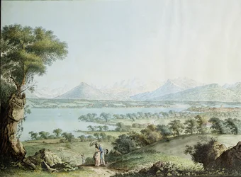 Blick auf den Mont Blanc mit Genf im Vordergrund, graviert von Jean Philippe Linck II und Jacob Philippe Hackert