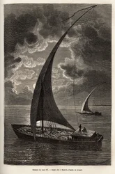 Die Boote des oberen Nils, reduzierte Besatzung und Passagiere schlafen an Deck, im Mondlicht, Gravur nach J. Moynets Zeichnung, zur Illustration der Reise ins Herz Afrikas 1868-1871, von Dr. Georges Schweinfurth, veröffentlicht in „Le Tour du Monde“ 1874,