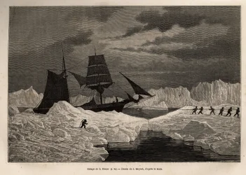 Das Schleppen des deutschen Schiffes La Hansa, durch seine Besatzung, um eine Eisbarriere zu durchqueren, graviert nach der Zeichnung von J. Moynet, zur Illustration der Reise der Schiffe La Germania und La Hansa zum Nordpol 1869-1870, von Kapitän Hegemann