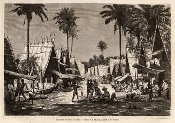 Der Marsch von Dobbo, auf der Arou-Insel, ein Hafen, belebt von vielen Händlern und Schiffbauern, graviert nach der Zeichnung von J. Moynet, zur Illustration der Reise in den malaysischen Archipel 1854-1862, von Alfred Russell Wallace (1823-1913), einem br
