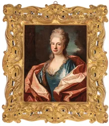 Porträt einer Dame, Brustlänge, in einem blauen Seidenkleid mit Spitze und Goldfaden bestickt