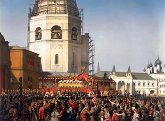 Prozession nach der Krönung des russischen Zaren Alexander II., Moskau, 1856.