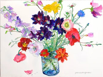 Taglilien, Mohnblumen und Rittersporn