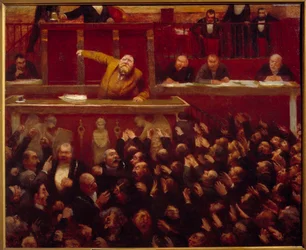 Der sozialistische Abgeordnete Jean Jaurès (1859-1914) auf der Rednertribüne der Abgeordnetenkammer. Gemälde von Jean Veber (1868-1928), 1903. Paris, Musée Carnavalet