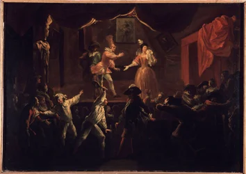 Bedauerliche Erfolge dieses Stücks. Einer der Palmspieler, dessen Kleidung gestohlen wurde, gibt La Rapiniere einen großen Schläger. Gemälde, das „Der komische Roman“ von Paul Scarron (1610-1660) illustriert. Öl auf Leinwand von Jean-Baptiste (Jean Baptist