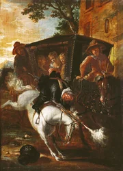 Mit einem Musket auf dem Rücken steigt Ragotin auf sein Pferd, um die Truppe zu begleiten, aus 