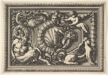 Entwurf für ein Paneel mit zwei Varianten, die einen Satyr und eine Sphinx enthalten, aus: Panneaux, 17. Jahrhundert