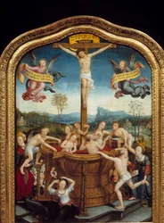 Das mystische Bad. Am Fuße des Kreuzes, an dem Christus gekreuzigt ist, baden Männer und Frauen in einem Brunnen aus Blut des Messias. Zentraler Teil des Triptychons. Malerei auf Holz von Jean Bellegambe dem Älteren (1470-1535) 1510-1520