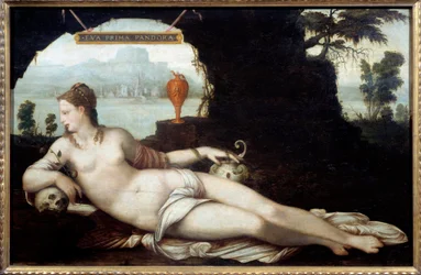 Eva Prima Pandora Darstellung einer Frau, die die Eigenschaften von Eva und Pandora vereint