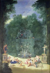 Die Haine von Versailles: Blick auf den Eingang zum Labyrinth mit Vögeln, Nymphen und Cheruben, 1688