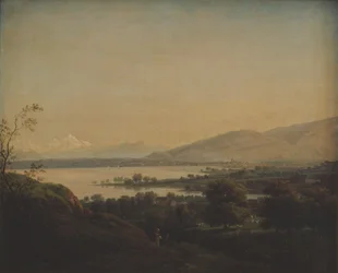 Blick über den Genfersee Richtung Mont Blanc und Genf