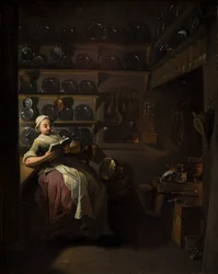 Kücheninterieur mit einem lesenden Mädchen