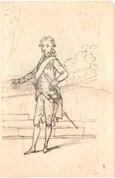 Kompositionsentwurf für ein Ganzkörperporträt von Frederik dem Sechsten als junger Kronprinz. Stehend en face mit rechter Hand in der Seite und linker Hand auf einem Tisch gestützt