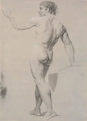 Modell stehend, von hinten gesehen, linker Arm erhoben