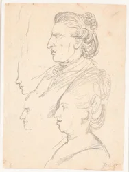 Profilporträts von Königin Caroline Mathilde, J.F. Struensee und Enevold Brandt, sowie ein Entwurf, möglicherweise von Juel selbst. Alle im Profil nach links