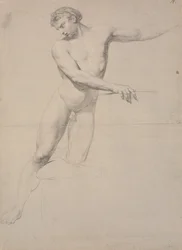 Gleiche Modell wie gb5337, en face, stehend auf dem rechten Bein, während das linke Knie gegen einen Hocker stützt; nicht fertig gezeichnet