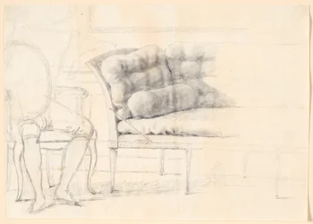 Studie zum Holmskiold-Familienbild von 1787: das gepolsterte Sofa, und links ein Stuhl mit skizzierter Holmskiold-Figur