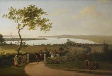 Blick über den Kleinen Belt (Lillebælt) von einem Hügel bei Middelfart