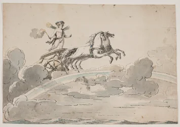 Amor (Eros) fährt in einem Wagen auf dem Regenbogen