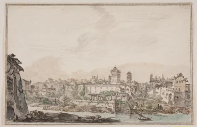 Stadtansicht mit Häusern und Kirche am Fluss. Antikes Rom