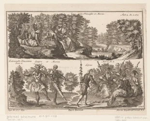 Zwei Theaterszenen mit Figuren in einer waldreichen Landschaft