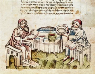 Judentum: „Zwei Rabbiner feiern das Pessachfest mit der Seder-Zeremonie“ Miniatur aus einem Machsor (Gebetbuch in Hebräisch) 15. Jahrhundert Parma, Biblioteca Palatina