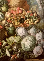 Detail eines Stilllebens mit Obst, Gemüse und einer Marktfrau, 1564