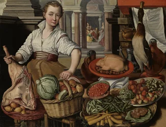 Küchenszene mit Jesus im Haus von Martha und Maria im Hintergrund, 1569