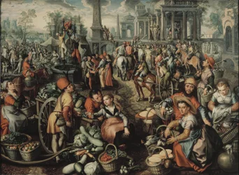 Marktszene: Ecce Homo, die Geißelung und das Tragen des Kreuzes, 1561
