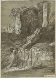 Ein Wasserfall mit Ruinen (Rückseite)