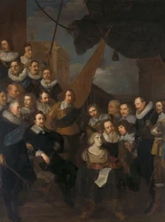 Offiziere und andere Bürgerwehrmänner des XIX. Bezirks von Amsterdam, unter dem Kommando von Hauptmann Cornelis Bicker und Leutnant Frederick van Banchem, warten auf die Ankunft von Marie de Médicis, 1. September 1638