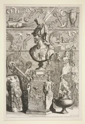 Eine Statue von Lucius Sciopione, Rüstung und andere antike Banner und Fragmente