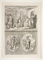 obere Hälfte: Vier antike Statuen untere Hälfte: Schmiede von Vulkan und ein siegreicher römischer General