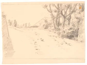 Italienische Landschaft mit einer Straße, rechts Bäume