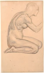 Modellstudie; kniende Frau im Profil rechts