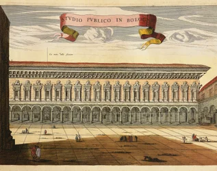 Italien, Bologna, Blick auf das öffentliche Studium im Jahr 1600, Gravur aus Theatrum Civitatum et Admirandorum Italiae von Jean Blaeu, Amsterdam